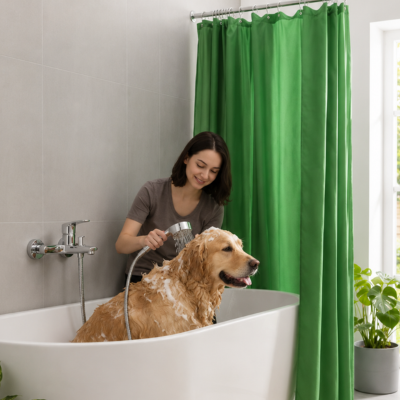 une-femme-lave-son-chien-avec-le-pommeau-de-douche