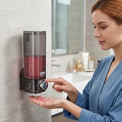 Une femme utilisant un distributeur de savon mural rechargeable