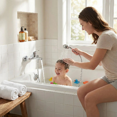 une-mere-lave-son-garcon-avec-le-pommeau-de-douche