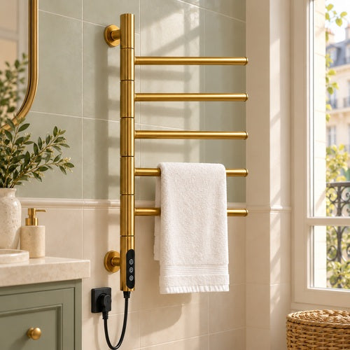 Vue complète du sèche-serviettes mural doré à cinq barres